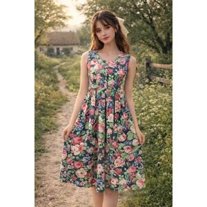 Vintage S Laura Asley style Cottagecore Floral Midi Dress Garden Tea Party Fairy